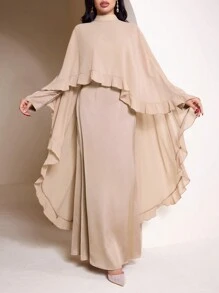 Veilorie Women's Solid Color Stand Collar Patchwork Ruffle Hem Abaya Style Kaftan Dress Modest - Pink - View 7