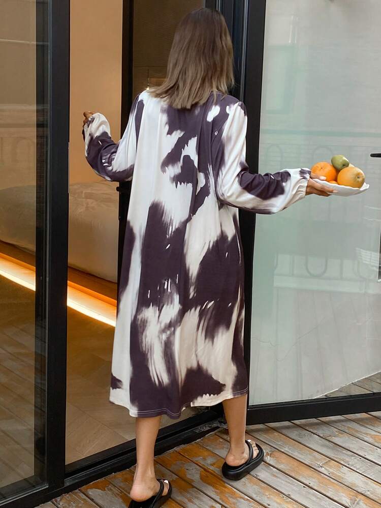 Women's Tie-Up Collar Loose Tie Dye Print Puff Sleeve Loose Nightgown Pajama