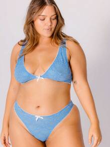 Aralina 加大码曲线蓝色蕾丝白色对比色蝴蝶结细节三角形假日贴身套装内衣 - 藍色 - 查看 1