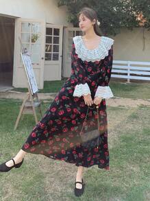 DAZY Women's Contrast Lace Multicolor Floral Midi Dress, Red, Suitable For Spring, Summer, Autumn