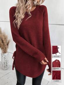 SHEIN LUNE Raglan Sleeve Knot Side Jumper - Burgundy - View 1