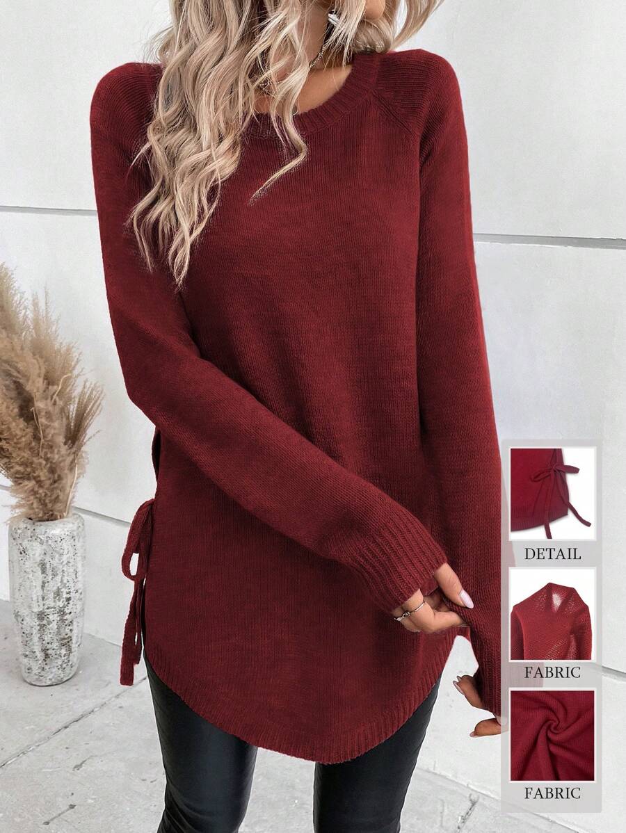 SHEIN LUNE Raglan Sleeve Knot Side Jumper - Burgundy - View 1