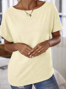 EMERY ROSE Women's Asymmetric Neck Casual Short Sleeve T-Shirt, Cream Yellow, Summer - Apricot - View 4