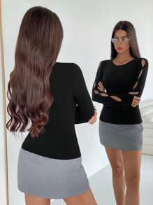 Siren Gaze Blusa de mujer de unicolor, cuello redondo, manga larga, con diseño hueco, sencilla y casual, para uso diario