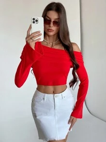 SHEIN Essnce Women's Solid Color Off-Shoulder Long Sleeve Simple Casual Top - Red - View 5