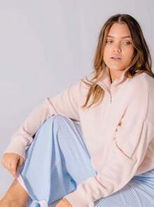 SHEIN Aralina-E Cozy Curve Relaxed Fit Pale Pink Quarter-Zip Collar Cropped Sweater - Baby Pink - View 4