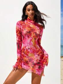 Opulessa 情人节优雅派对连衣裙针织网眼印花长袖开衩修身迷你连衣裙女款 - 紅色 - 查看 5