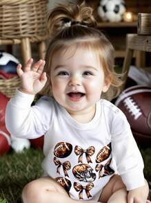 SHEIN Baby Girl Casual Cute Daily All-Match Versatile Football & Bow Design Long Sleeve Loose Fit Comfy Knit Bodysuit, Suitable For Spring & Autumn - Beige - View 7