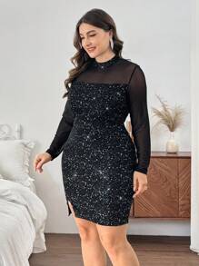 SHEIN Privé Plus Size Valentine Glittering Black Sheer Mesh Mini Long Sleeve Dress