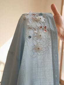 Anewsta Light Blue,Autumn,Elegant,Tea Party Embroidered Crystal Decor 3D Flower Trim Collar Long Sleeve Modern Blouse Top For Valentine's Day,New Year,Date - Baby Blue - View 8