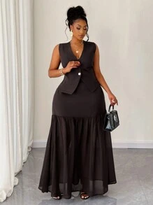 Maweii Plus Size Woven Elegant 2-Button Vest Suit Set - Coffee Brown - View 4