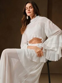 Anewsta Robe mi-longue élégante en chiffon avec patchwork et décolleté ajouré, convient pour la plage, le printemps et l'été - Bleu azur - Voir 3