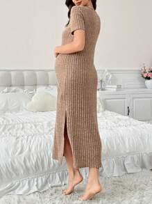 Moonlight&Mama Solid Color Knit Bodycon Split Hem Maternity Housedress - Brown - View 2