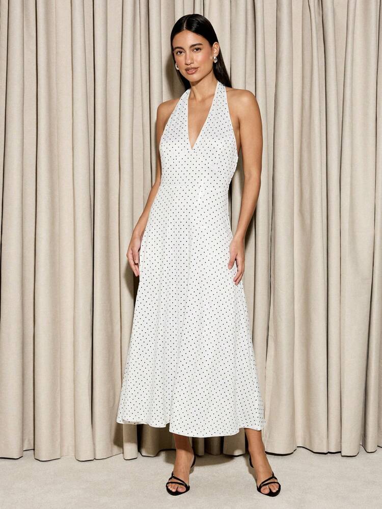 AiiRZ Halter Neck Polka Dot Flared Mini Dress