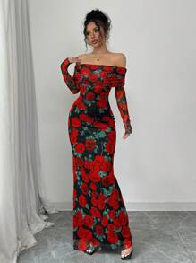 Elenzga Elegant Rose Print Off Shoulder Dress, Fall New Year Valentine's Day Wear For Women - Red - View 4