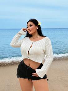 SHEIN SXY 大码女士早春米色前短后长短开衫，适合日常穿着、度假、海边、海滩派对、约会之夜、生日、单身派对、舞会、情侣约会、优雅、休闲、购物、街头穿着、户外、性感、易于搭配且看起来苗条，凸显您的身材，凸显您的身体 - 杏色 - 查看 6