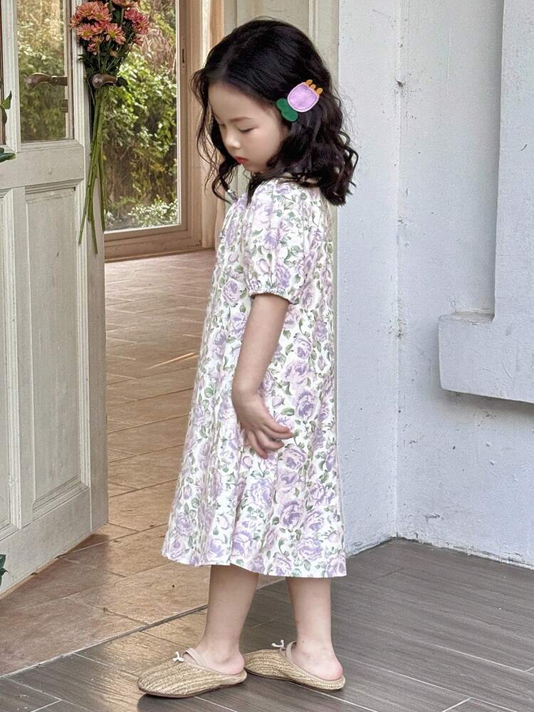 Young Girl Girls Floral Print Square Neck Short Sleeve Woven Summer Dress Vacation Easter