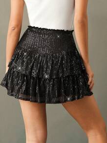 WESTFADE 夏季乡村音乐节牛仔女装闪亮多层亮片迷你裙约会之夜外出 - 黑色 - 查看 6