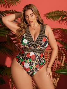 SHEIN Swim Curve 1 pièce Maillot de bain une pièce grande taille pour femme avec imprimé floral rose mélangé et chaîne décorative dorée, sexy mais élégant