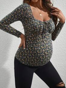 SHEIN Maternity Front Tie Long Sleeve All-Over Print Casual T-Shirt - Multicolor - View 1