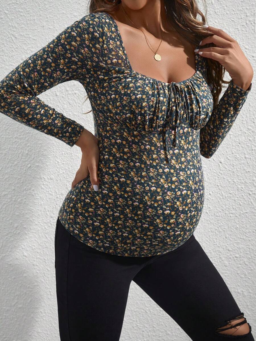 SHEIN Maternity Front Tie Long Sleeve All-Over Print Casual T-Shirt - Multicolor - View 1