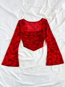 Soleia Women's Vacation Knit Mesh Red Cutout Floral Print Square Neck Long Flare Sleeve Fitted Cute T-Shirt, Suitable For Party, Valentine's Day, Date, Chinese New Year, Carnival, Easter, Afternoon Tea