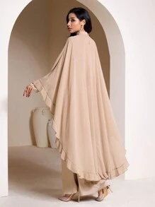 Veilorie Women's Solid Color Stand Collar Patchwork Ruffle Hem Abaya Style Kaftan Dress Modest - Pink - View 2