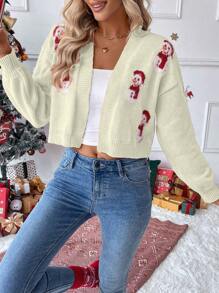 SHEIN Unity Christmas Atmosphere Vintage Fluffy 3D Snowman Graphic Casual Loose Short Sweater Coat, Autumn/Winter Fall Cloth For Women - Beige - View 4