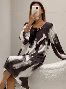 DAZY 女士系带领宽松扎染印花泡泡袖宽松睡袍睡衣 - 咖啡棕 - 查看 5