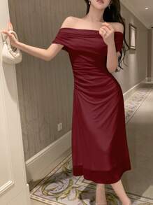 DAZY Women Off Shoulder Summer Mesh Dress Prom Dress Elegant Sundress Wedding Women Dresses Red Women Dresses,New Year - Burgundy - View 3