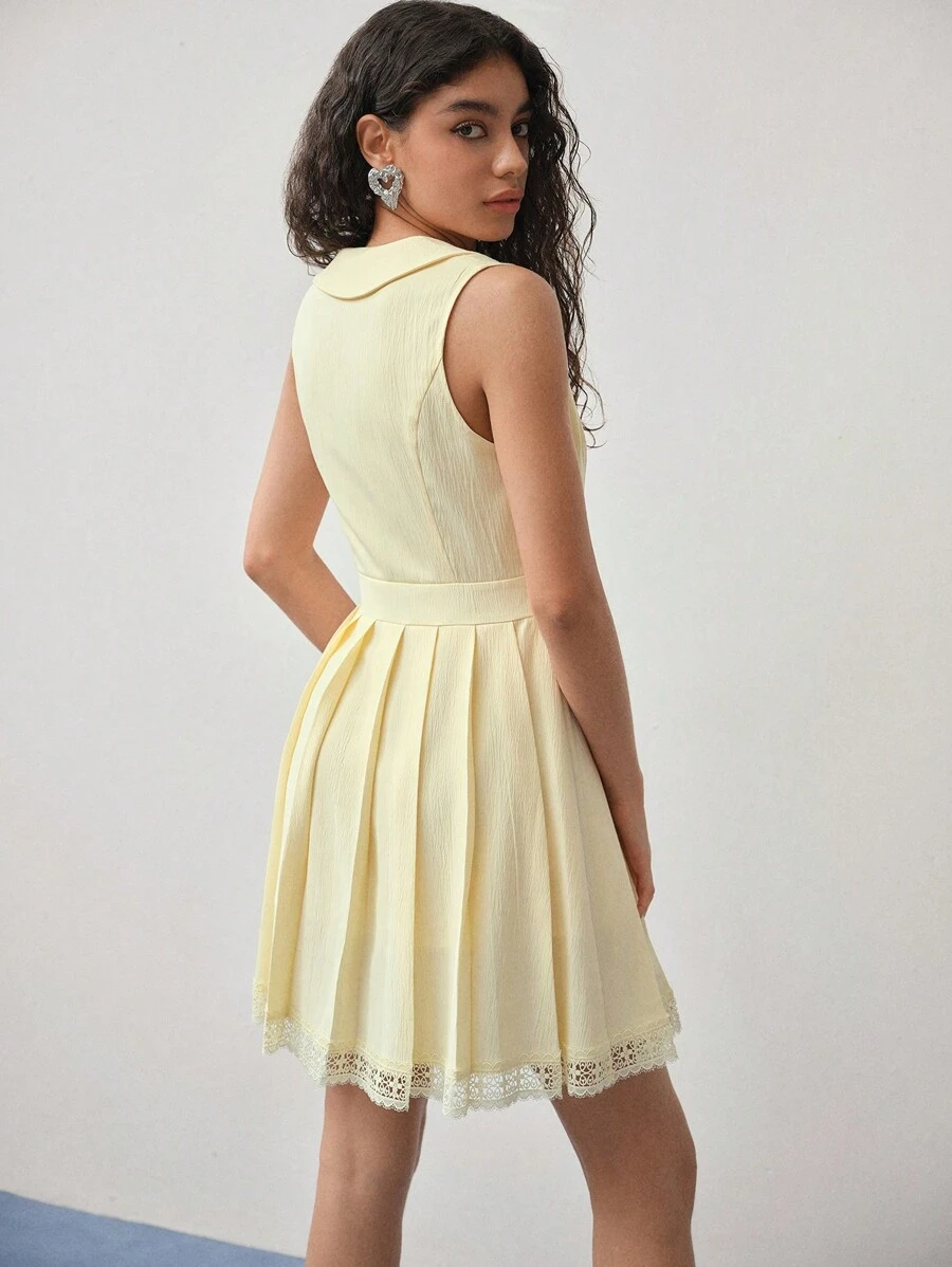 MOTF STUDIO 对比色蕾丝褶饰背心裙 - 黃色 - 查看 2