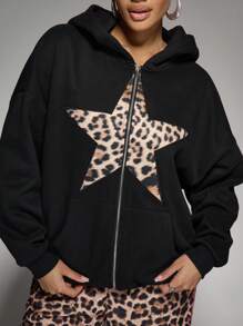 MISSGUIDED Sudadera con capucha con cremallera completa, estampado de leopardo y estrella, para uso casual en invierno, ropa de estar en casa, ropa de calle, con bolsillo canguro, cálida y cómoda - Negro - Ver 5