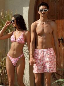 Manfinity VDAYZ Shorts casuales de playa con cordón en la cintura y estampado floral diminuto para novio, estilo hawaiano