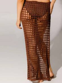Aralina Resort Brown Crochet Wrap Beach Swim Holiday Maxi Skirt - Coffee Brown - View 2