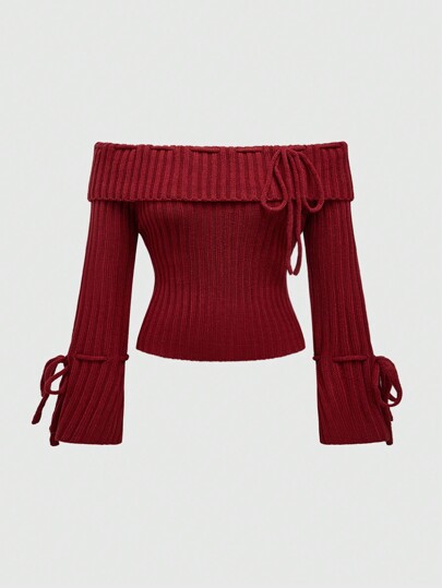 Kawaii Pull ajusté à épaules dénudées avec texture de couleur de nouvel an vintage et détail de nœud, tailles plus grandes