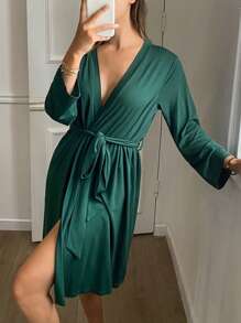 DAZY Minimalist Solid Color Knitted Robe With Tie Belt, Waist Cinching Loungewear