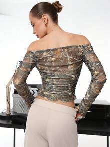 Aloruh Elegant Off Shoulder Fitted Flared Sleeve Vintage-Style Printed Mesh Blouse - Grey - View 2