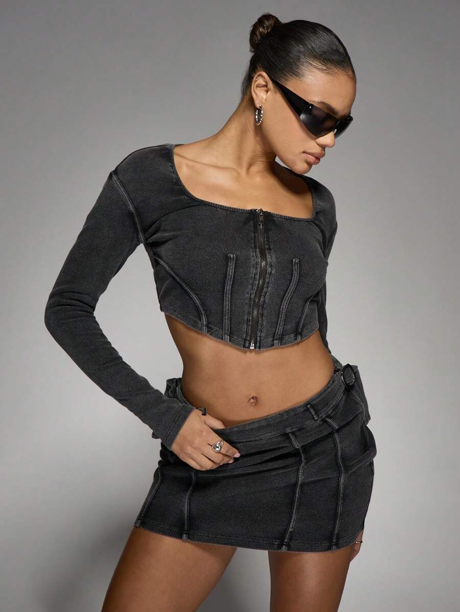 MISSGUIDED Ribbed Denim Two-Piece Set Corset Crop Top And Mini Skirt Coordinated Outfit Party Club Y2K Fashion Streetwear Zip-Up Co-Ord Set - Black - View 1
