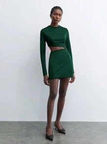 Maija 女士优雅镂空圆领长袖绿色中长连衣裙，适合节日、派对、百搭合身、早春穿着