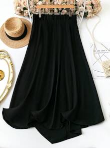 SHEIN LUNE Women's Casual Elegant Solid Color Pleated 3D Rose Elastic Waist Skirt, Plus Size For Autumn - Black - View 2