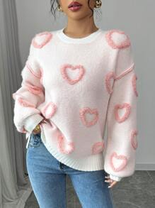 Chiquease Suéter de punto informal con gráfico de corazón rosa