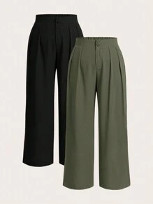 Elaquor 2 Pcs/Set Plus Size Women's Solid Color Pleated Wide Leg Casual Pants, Trousers, Button, Zipper Elastic Back Waist Office For Women Spring Fall - Olive Green - View 2
