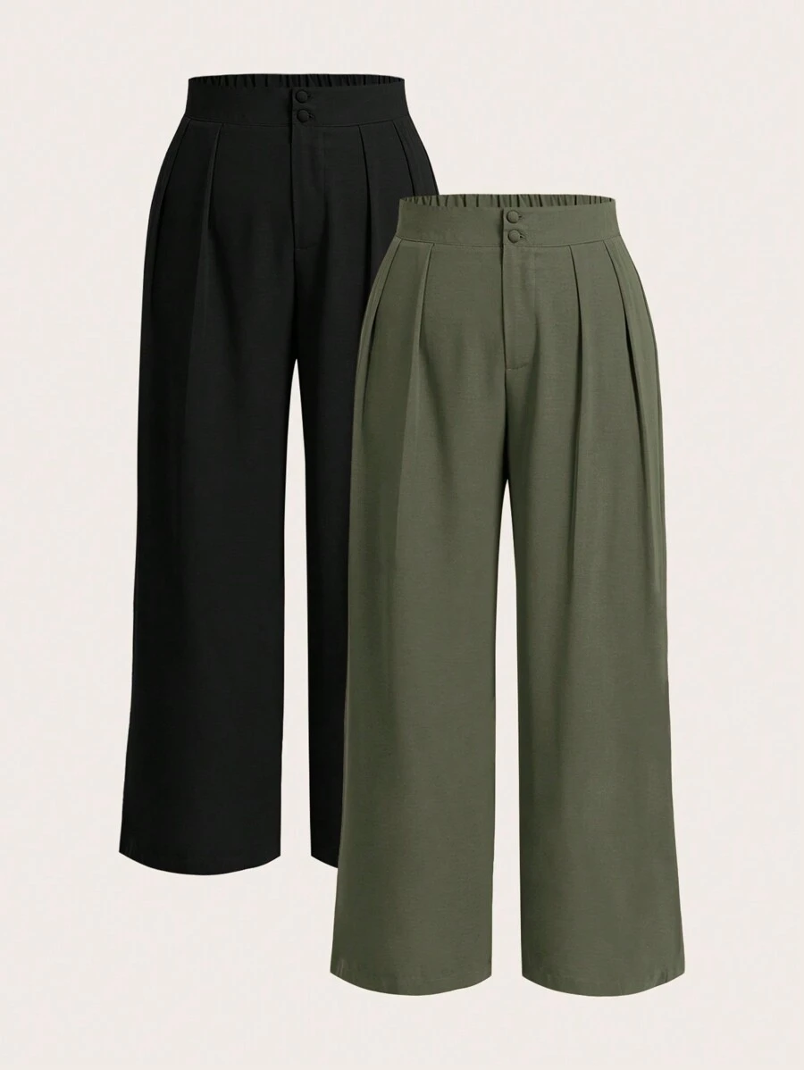 Elaquor 2 Pcs/Set Plus Size Women's Solid Color Pleated Wide Leg Casual Pants, Trousers, Button, Zipper Elastic Back Waist Office For Women Spring Fall