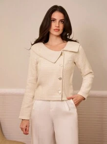 RueChic Urban Style Double-Breasted Sailor Neck Women's Tweed Jacket - Champagne - View 5
