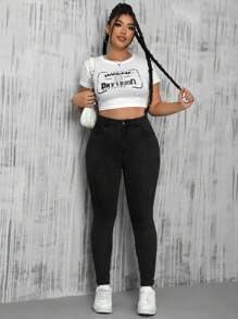 SHEIN EZwear 大码休闲纯色牛仔裤，简约时尚，适合日常穿着 - 黑色 - 查看 5