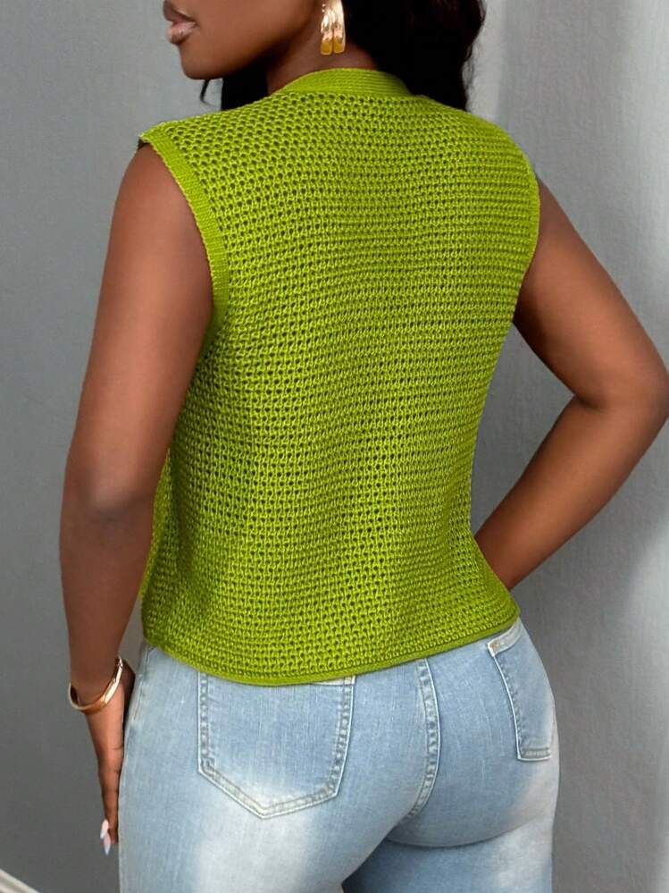 BamGleam New Green Metal Big Button V-Neck Sweater Vest, Hollow Out Cardigan For Casual Outdoor Wear, Sexy Minimalist Knit Vest, Suitable For Autumn/Winter/Spring - Green - View 2