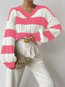 Calvaya Women's V-Neck Long Sleeve Striped Minimalist Pullover Sweater, Casual Everyday Wear