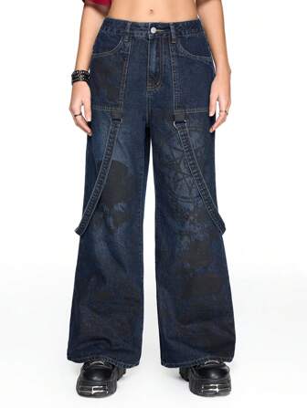 Grunge Punk Jeans semplici con bottoni e tasche, adatti per uso casual e quotidiano delle donne