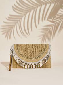 SHEIN VCAY Paper Woven Party Clutch Purse, Women's Fashion Minimalist Solid Color Wallet, Suitable For Summer Vacation And Travel, Straw Wallet, Straw Beach Bag, Beach Essentials, Summer Necessities, Best For Beach Vibe, Decorated With Pearl Tassel