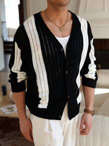 Manfinity Homme Áo khoác cardigan nam thường ngày, tối giản và phong cách - Đen và trắng - Xem 6